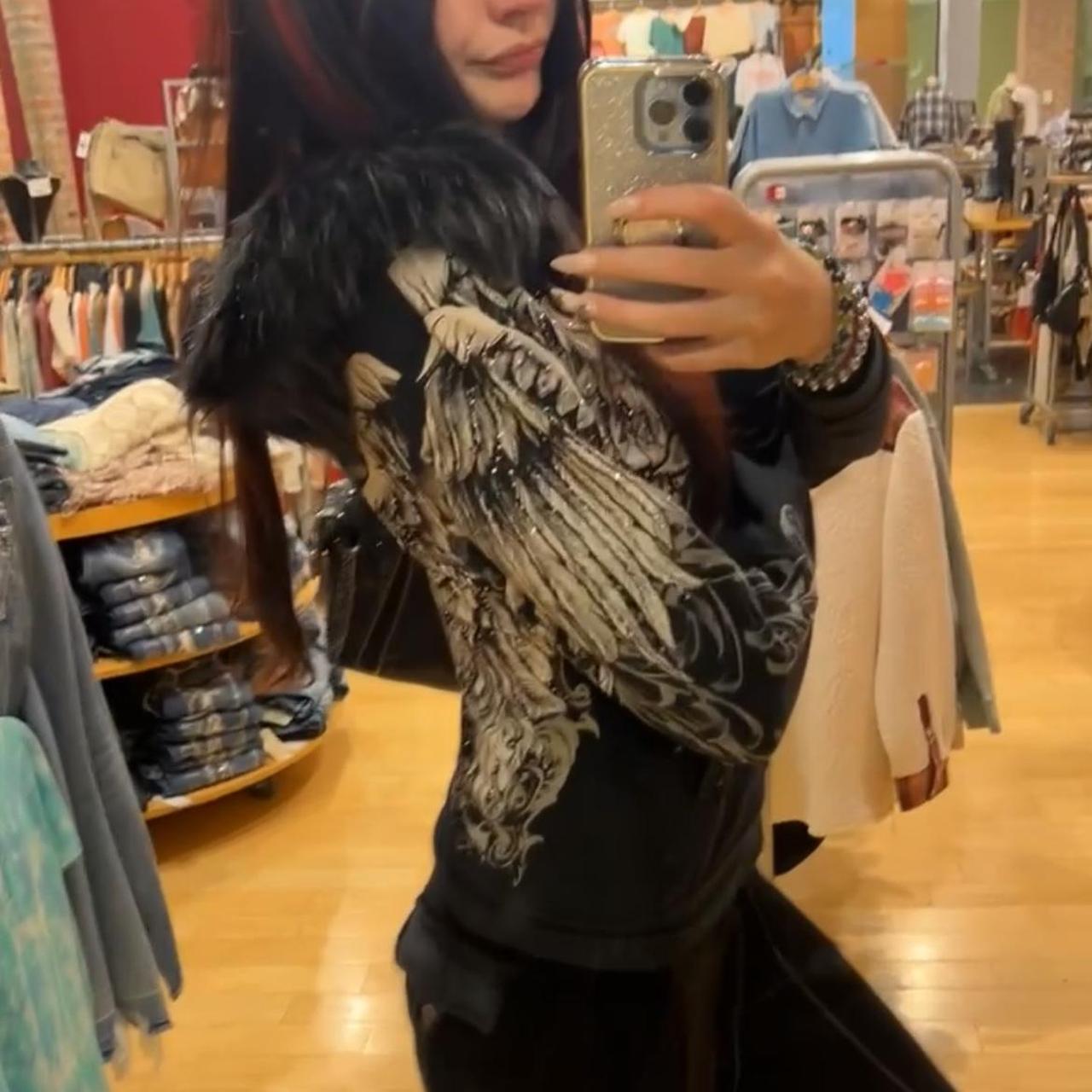 Angel Wing Rhinestone Fur Zip-Up Hoodie