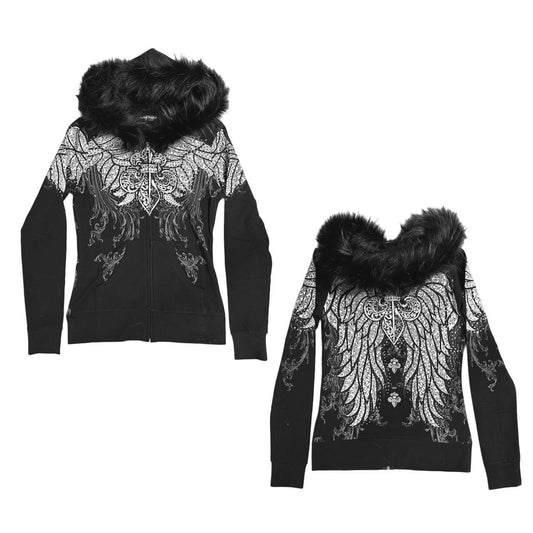 Angel Wing Rhinestone Fur Zip-Up Hoodie